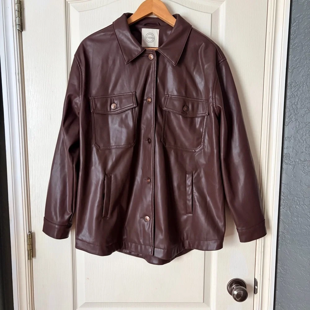 Stoosh Brown Leather Jacket, Zumiez, Buckle, Front pockets, button down, M